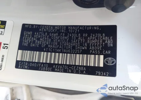 2022 Toyota Camry Le z USA, uszkodzony, nr VIN 4T1C11AK1NU632257